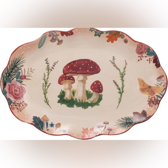 Creative Co-Op Ceramic Platter with Woodland Flora and Red Rim, Multi Color - Picture 1 of 2
